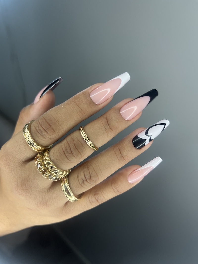 nail trends, nail trends 2023, press on nails, press ons, false nails, black and white nails, monochrome nails, french tips, French manicure